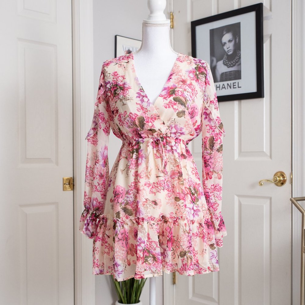 NWT SHEIN Pink Floral Chiffon Mini Dress